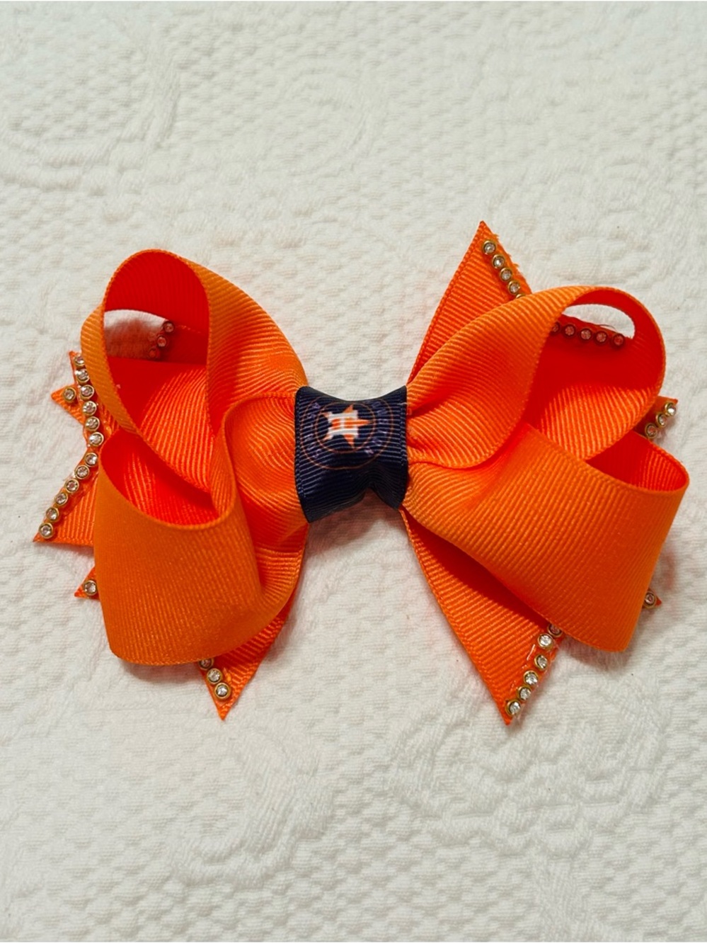 Handmade Astros Orange Hair Bow with Navy Center and Rhinestones